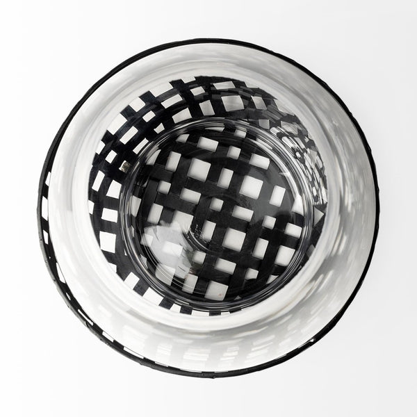 Mercana Reena Small Woven Metal Base Candle Holder with Hurricane Glass for Stylish Home Décor Lighting Black Metal | 8H 68937