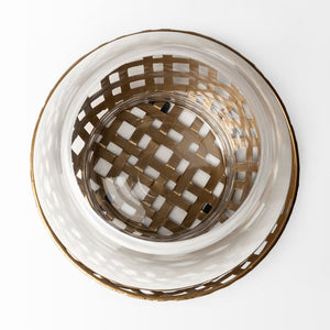 Mercana Reena Small Woven Metal Base Candle Holder with Hurricane Glass for Stylish Home Décor Lighting Gold Metal | 8H 68938