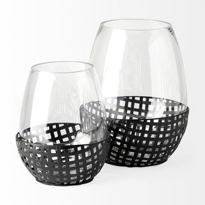 Mercana Reena Small Woven Metal Base Candle Holder with Hurricane Glass for Stylish Home Décor Lighting Black Metal | 8H 68937