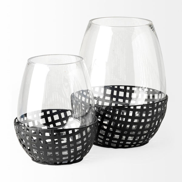Mercana Reena Small Woven Metal Base Candle Holder with Hurricane Glass for Stylish Home Décor Lighting Black Metal | 8H 68937