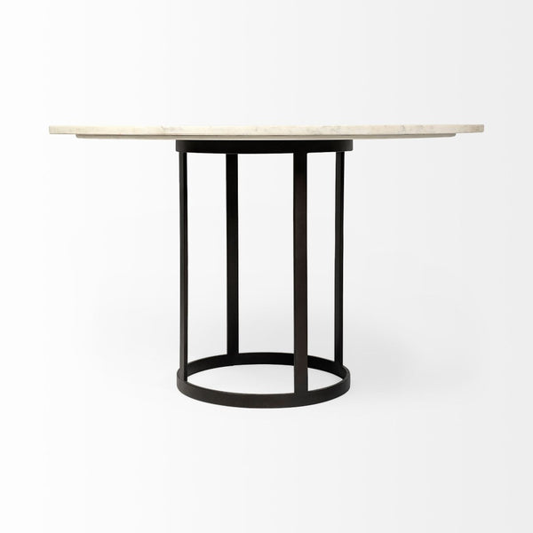 Mercana Tanner Round Marble Dining Table – Luxe White Stone Top with Industrial Gunmetal Iron Base for 4 68849-AB