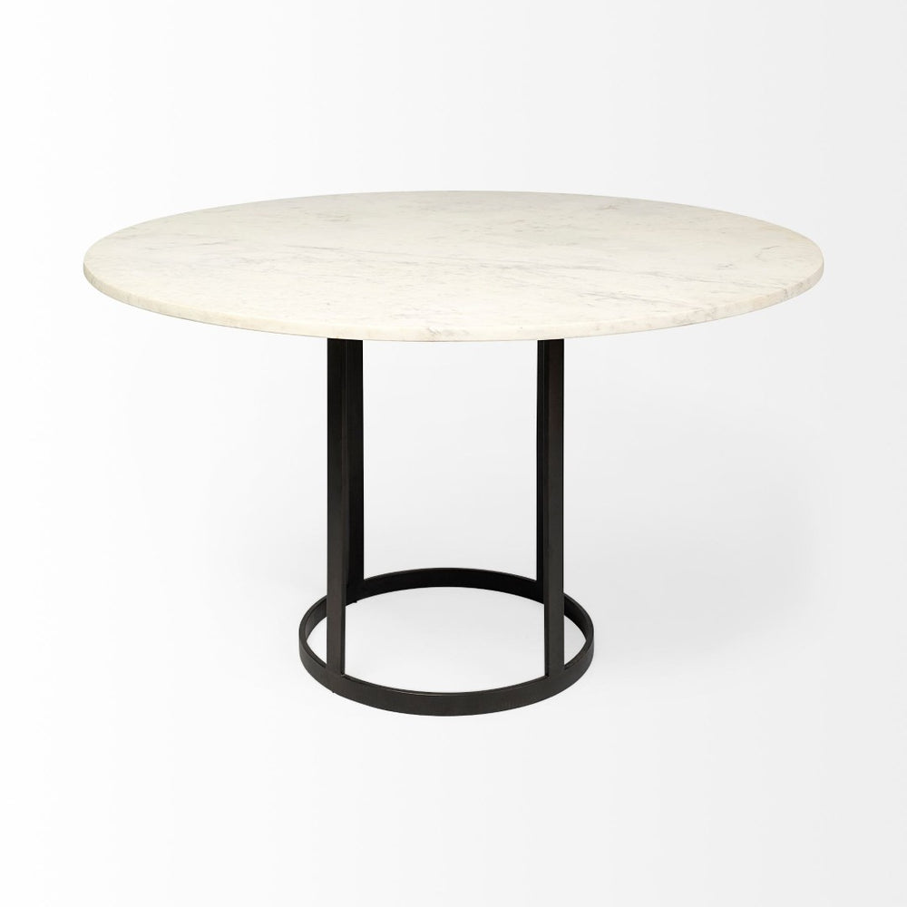 Mercana Tanner Round Marble Dining Table – Luxe White Stone Top with Industrial Gunmetal Iron Base for 4 68849-AB