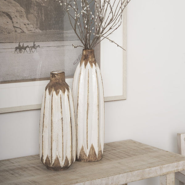 Mercana Sisko Rustic Elegance Sculptural Ceramic Vase with Intricate Spindle Design for Stylish Décor Brown/White Ceramic | 14H 68613