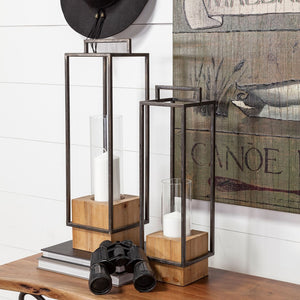 Mercana Orionis Elegant Wood and Metal Lantern Candle Holder for Stylish Ambient Lighting in Any Space Black Metal | Brown Wood | 24H 68652