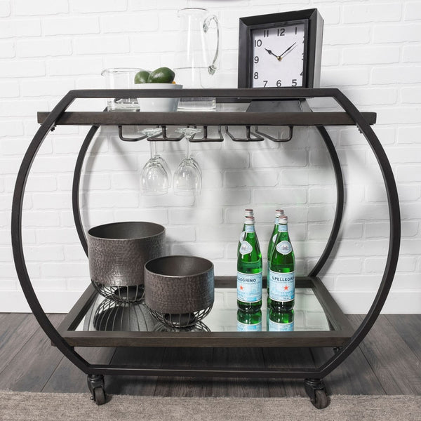 Mercana Chriselle Two-Tier Rolling Bar Cart with Oval Frame and Mirrored Shelf for Stylish Entertaining Spaces 69086