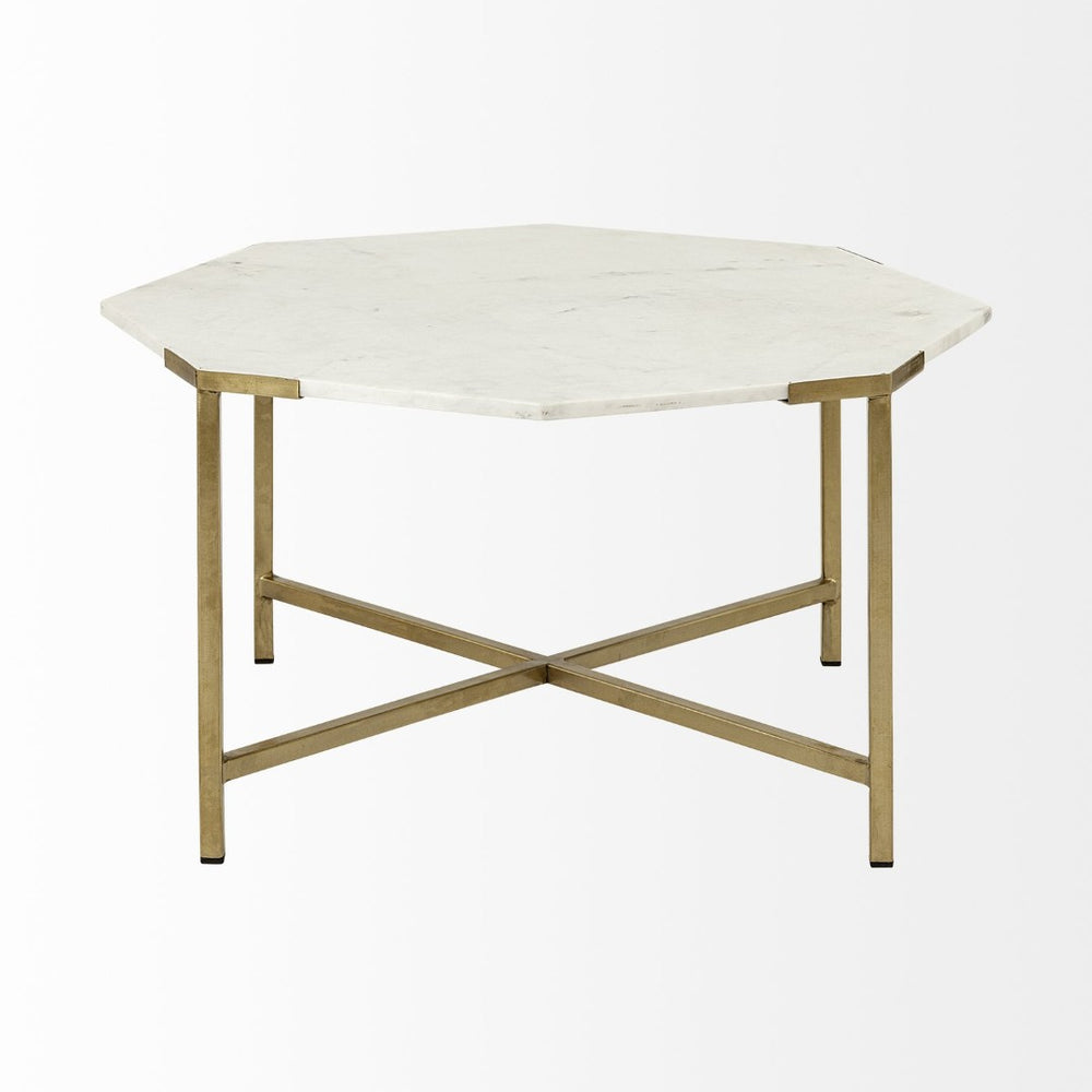 Mercana Vincent 33" Octagonal Coffee Table with Luxe Marble Top and Elegant Crisscross Iron Base Design 68850-AB