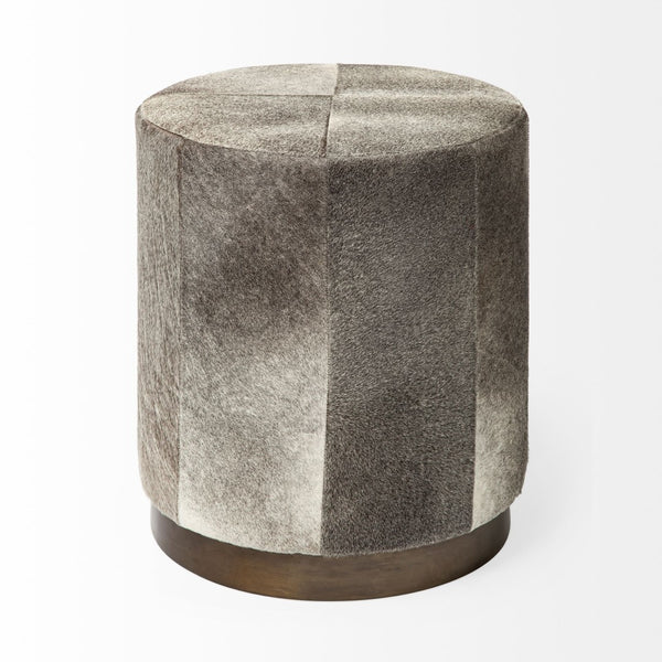 Mercana Zahavi I Handcrafted Cowhide Ottoman - Versatile Cube Accent for Modern, Boho, or Luxe Interiors Gray Hair-On-Hide | Gold Metal | 20W 69056
