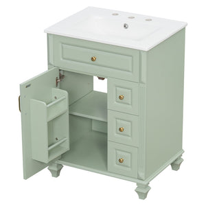 English Elm 24 Inch Freestanding Bathroom Vanity Solid Rubberwood Ceramic Sink Matte Finish Storage Green N725P375626G