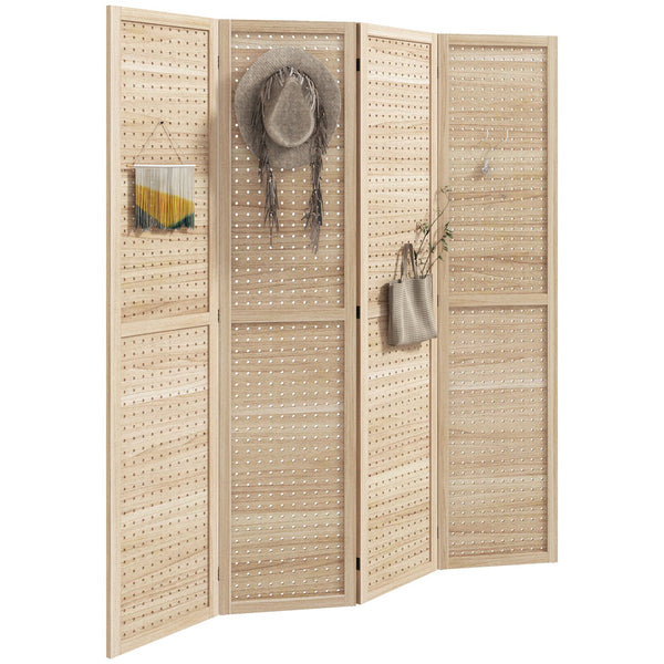 English Elm Homcom 4 Panel Wood Room Divider, 5.6' Tall Folding Privacy Screen With 500 Hook Holes For Decor W2225P217281