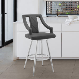 English Elm Norcia 26" Gray Faux Leather Swivel Bar Stool with Diamond Stitching, Foam Cushion & Footrest B2736P268526
