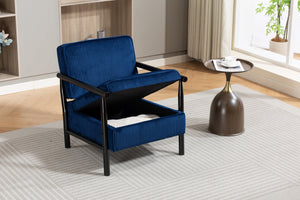 English Elm Storage Accent Chair Mid Century Wood Frame Upholstered Seat with Lumbar Cushion Antique Blue W2530P401447