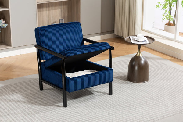 English Elm Storage Accent Chair Mid Century Wood Frame Upholstered Seat with Lumbar Cushion Antique Blue W2530P401447