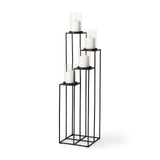 Cindy 4-Tier, Matte Black Metal w/ Hurricane Glass, Pillar Candle Floor Lantern