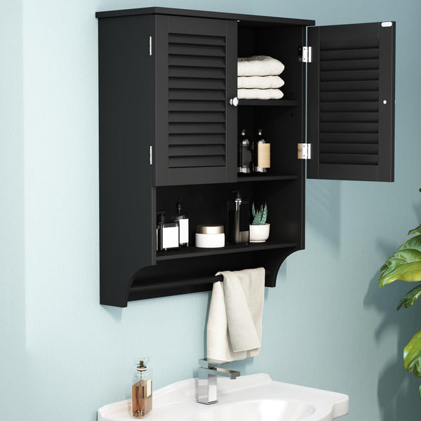English Elm Wall-Mounted Bathroom Cabinet with Louvered Doors, Adjustable Shelves, Open Shelf & Towel Rod for Organized, Ventilated Storage Black T3771P368996