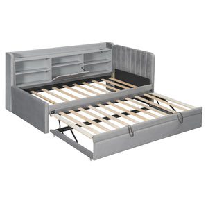 English Elm Twin Upholstered Daybed with Pull-Up Trundle, Velvet High Back with Shelves, Flip Storage & USB Gray SF000194AAE