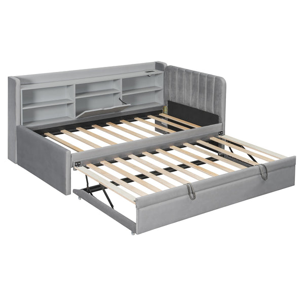 English Elm Twin Upholstered Daybed with Pull-Up Trundle, Velvet High Back with Shelves, Flip Storage & USB Gray SF000194AAE