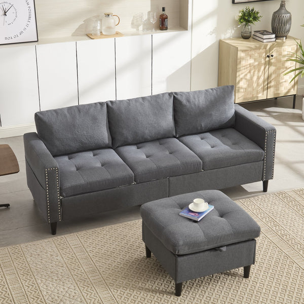 English Elm Small L-Shaped Sofa with Storage Ottoman and Side Pockets, Velvet 3-Seat Space-Saving Couch Dark Gray W2705P255386