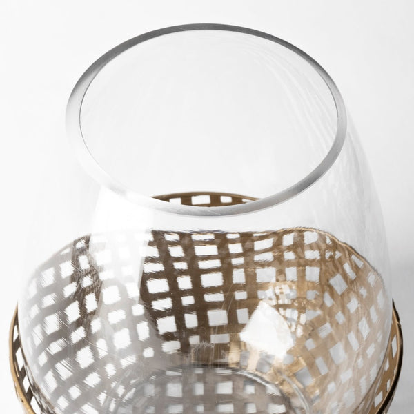 Mercana Reena Small Woven Metal Base Candle Holder with Hurricane Glass for Stylish Home Décor Lighting Gold Metal | 8H 68938