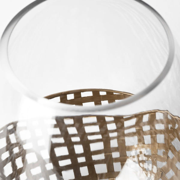 Mercana Reena Small Woven Metal Base Candle Holder with Hurricane Glass for Stylish Home Décor Lighting Gold Metal | 10H 68940
