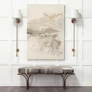 Mercana Jessie Accent Bench: Luxurious Leather Upholstery with Sturdy Metal Base for Modern Living Spaces White/Gray Hair-On-Hide | Gold Metal 69060