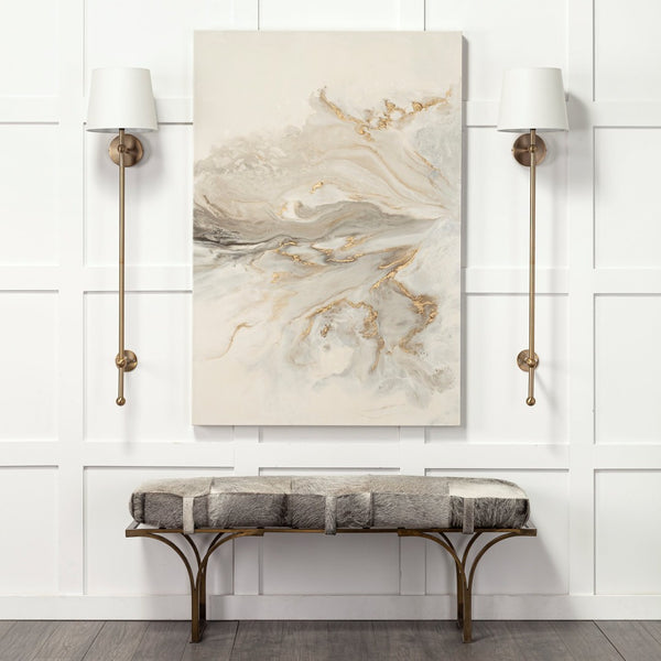 Mercana Jessie Accent Bench: Luxurious Leather Upholstery with Sturdy Metal Base for Modern Living Spaces White/Gray Hair-On-Hide | Gold Metal 69060