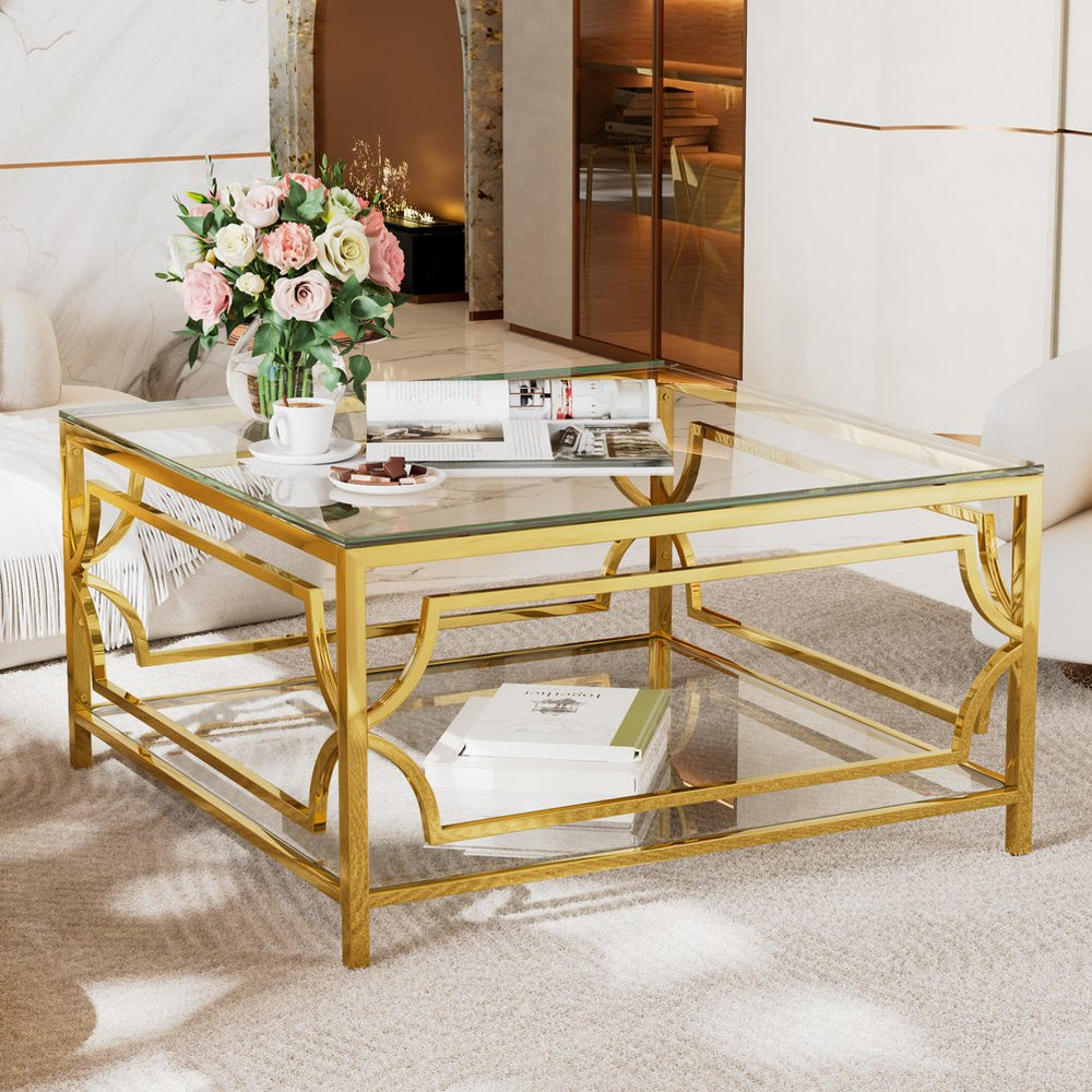 English Elm Square Glass Coffee Table 33.5" — Modern Tempered Glass Top with Gold Geometric Metal Frame & Shelf Transparent N735P326510K