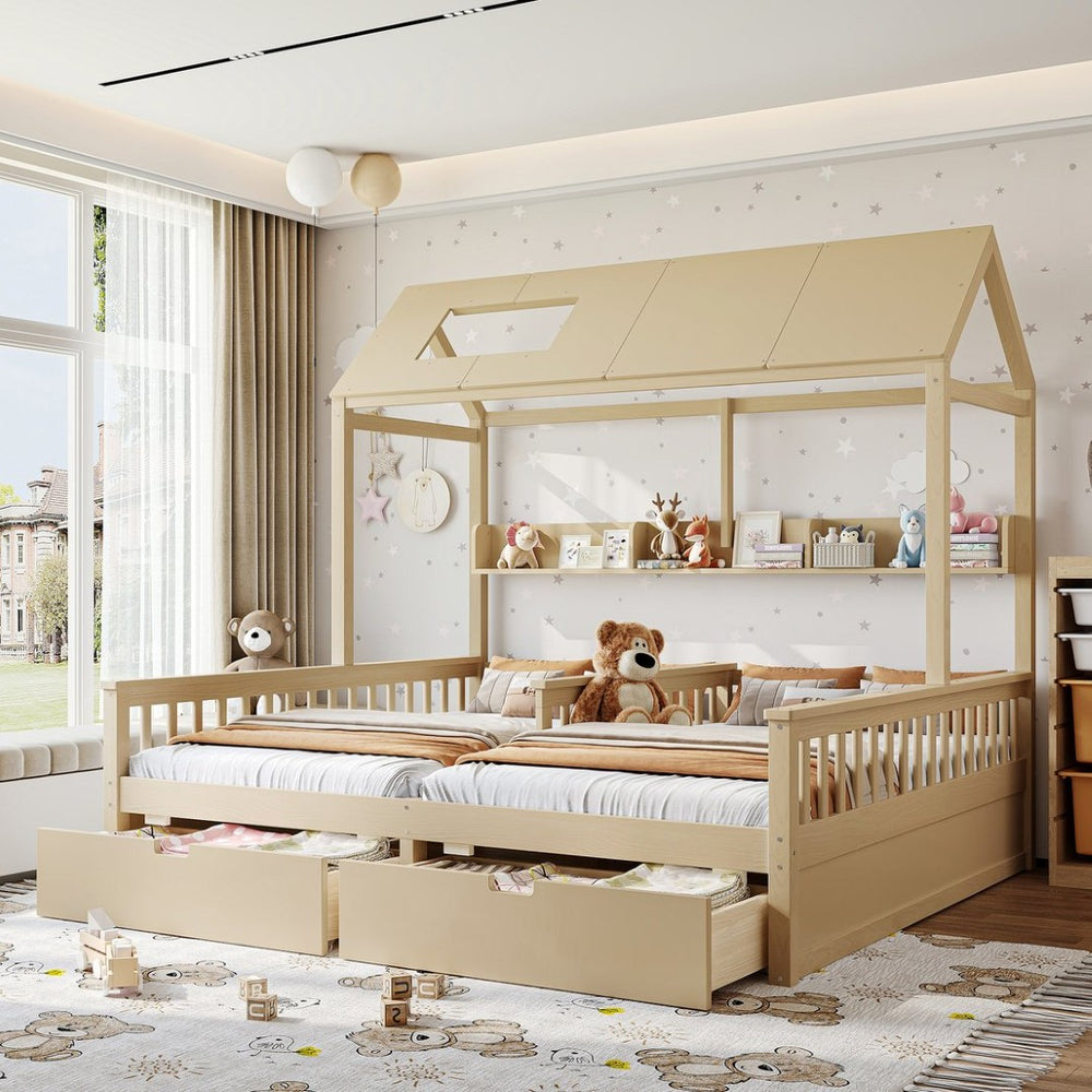 English Elm Double Twin House Bed Pine Wood Frame Kids Playhouse Bunk with Storage Drawers Natural W5305S00007