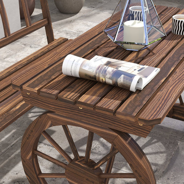 English Elm Outsunny Rustic Pine Outdoor Dining Set Seats 4 with Wagon Wheel Carved Benches W2225P174471