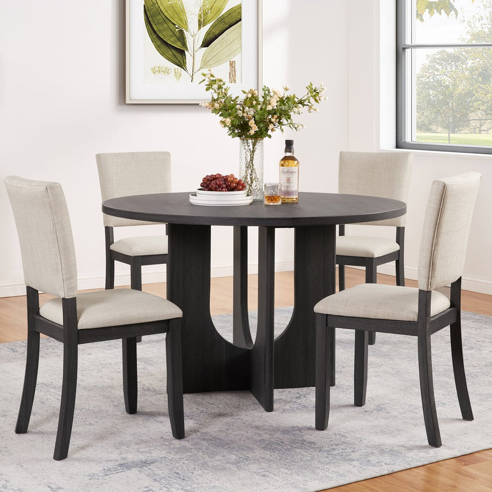 English Elm 47.3" 5-Piece Round Dining Set for 4 - Antique Black Table & Beige Upholstered Chairs, Stable Stylish W1998S00078