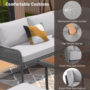 English Elm K&K 6-Piece Rope Patio L-Shaped Sectional Set with Acacia Wood Ice Box Table and Deep Cushions Grey N707S000014G