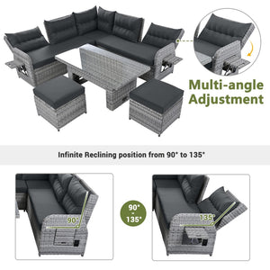 English Elm Outdoor Furniture Set: Modern Rattan Patio Set With Adjustable Recliners, Glass Tables & Ottomans N719Z000120E-GIGA