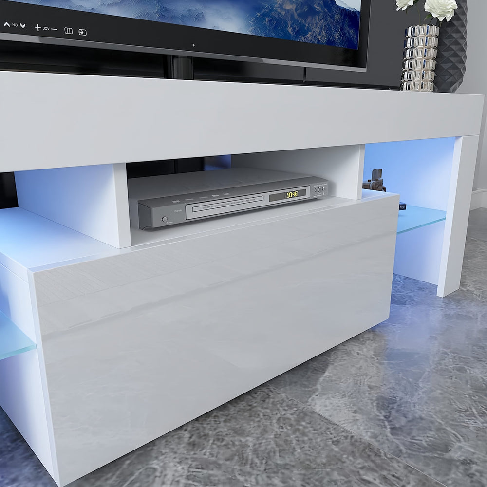 English Elm LED TV Stand with Remote LED Lights, 51" Modern Console for TVs up to 55", Glass Shelf, Storage, High-Gloss UV Front White W2301P198700