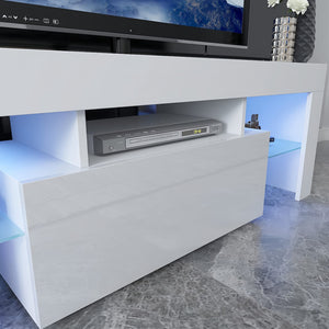 English Elm LED TV Stand with Remote LED Lights, 51" Modern Console for TVs up to 55", Glass Shelf, Storage, High-Gloss UV Front White W2301P198700
