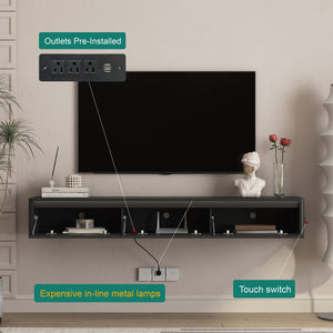English Elm Floating TV Stand with Touch LED Strip, Built-In Power Hub & Ample Storage for Modern Living Rooms Black 74.61 L x 17.52 W x 6.1 H W1321P389542