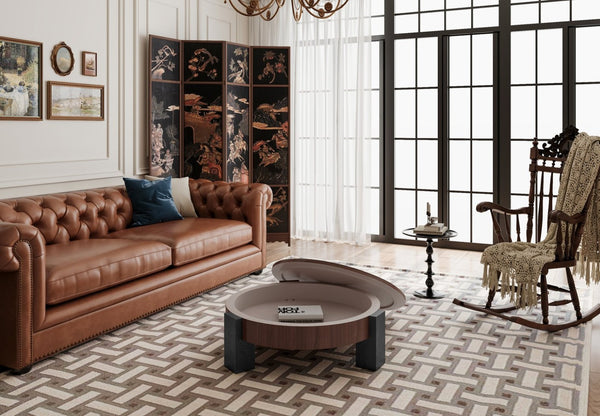 English Elm 33'' Round Coffee Table Parquet Veneer Flip Top Hidden Storage Wabi-sabi Living Room Walnut+Black W1435P419321