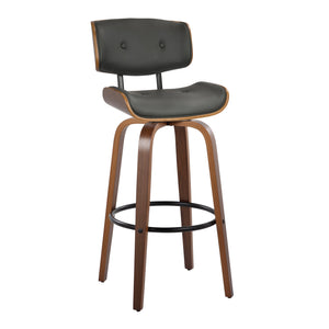 English Elm Lombardi Mid-Century 30" Barstool Set of 2 with Swivel, Tufted Faux Leather Seat and Walnut Backrest Grey B202S00612
