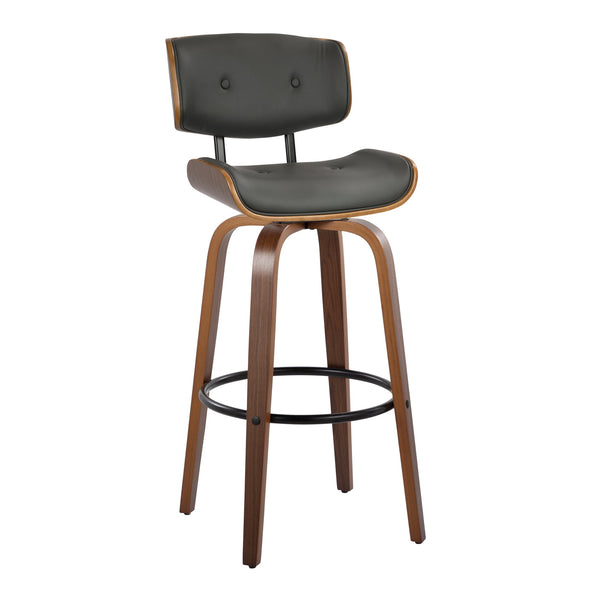 English Elm Lombardi Mid-Century 30" Barstool Set of 2 with Swivel, Tufted Faux Leather Seat and Walnut Backrest Grey B202S00612