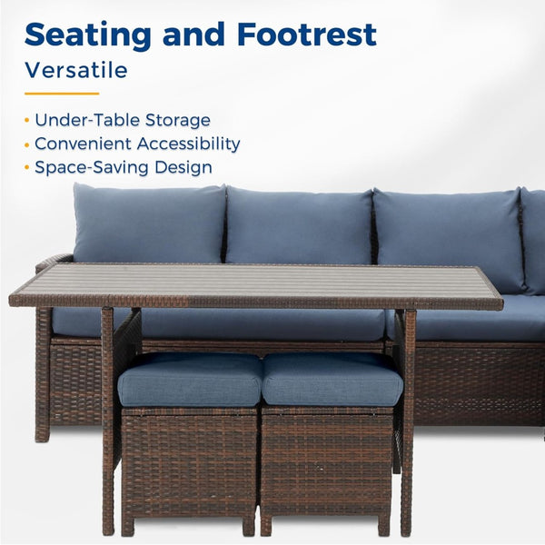 English Elm 7 Piece Outdoor Wicker Dining Set Modular Sectional Sofa Ottomans and Patio Table Blue+Brown B082S00076