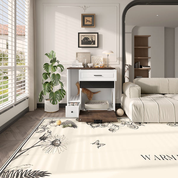 English Elm Cat Hidden Litter Box Furniture with 2 Drawers & Door, MDF Cat House End Table for Living Room, White/Brown N704P287849D