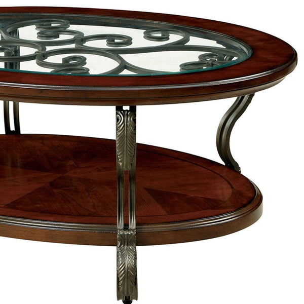 English Elm Traditional Elegant Brown Cherry Side Table with Ornate Scroll Legs and Open Shelf for Living Room Decor Brown Multi 52 L x 39 W x 8 H B011P203063