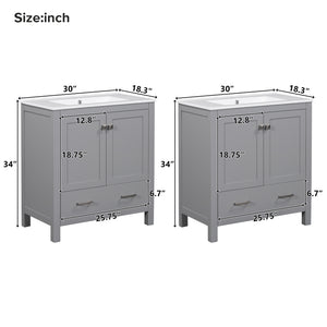 English Elm 60" Grey Bathroom Vanity Set with Double Sinks, Solid Wood, Soft-Close Doors, Divided Drawers & Storage Shelves for Spacious Modern Baths N729P000001E