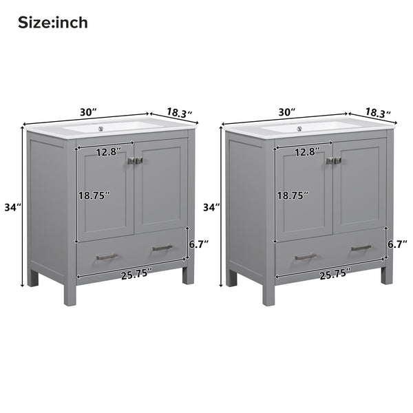 English Elm 60" Grey Bathroom Vanity Set with Double Sinks, Solid Wood, Soft-Close Doors, Divided Drawers & Storage Shelves for Spacious Modern Baths N729P000001E