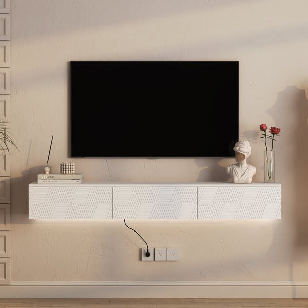 English Elm Floating LED TV Stand Wall Mounted with 16-Color Ambience, Modern Floating Cabinet with Ample Storage for 55–65" TVs White 72.24 L x 16.73 W x 5.12 H W1321P307882