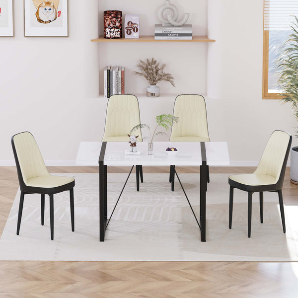 English Elm 55 Modern 4-Person MDF Dining Table Set with Sturdy Black Metal Legs and Padded PU Chairs for Families Beige+Black,White W2189S00731