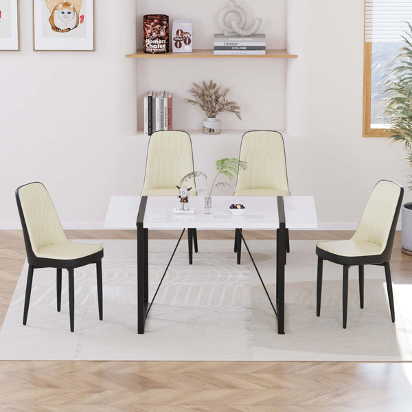 English Elm 55 Inch Industrial Dining Set White Mdf Table Matte Black Legs Four Padded Pu Chairs Beige+Black,White W2189S00853