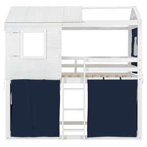 English Elm Twin Treehouse Bunk Bed Solid Pine Playhouse Frame with Cozy Canvas Tent Hideaway LT000379AAC-1