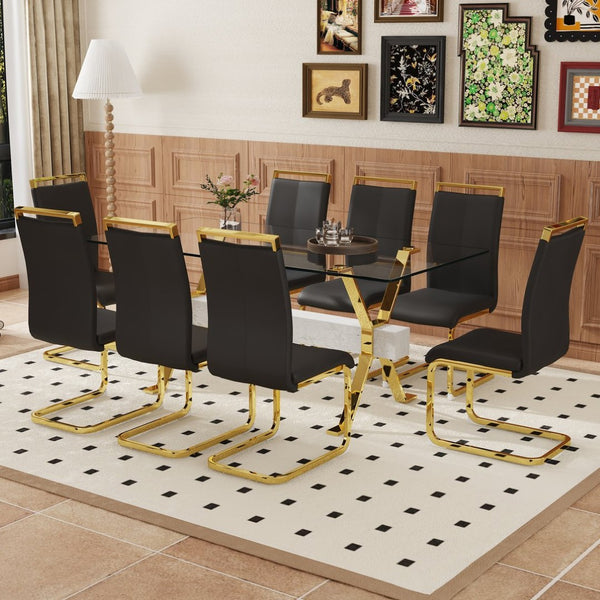 English Elm Table Elegant Transparent Glass Dining Set - 71"X35.4" With 8 Stylish Black Pu Chairs & Gold Legs W1151S02362-GIGA