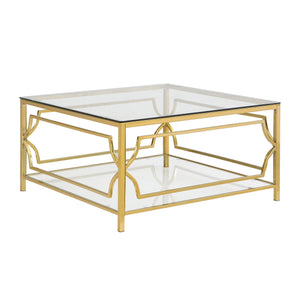 English Elm Square Glass Coffee Table 33.5" — Modern Tempered Glass Top with Gold Geometric Metal Frame & Shelf Transparent N735P326510K