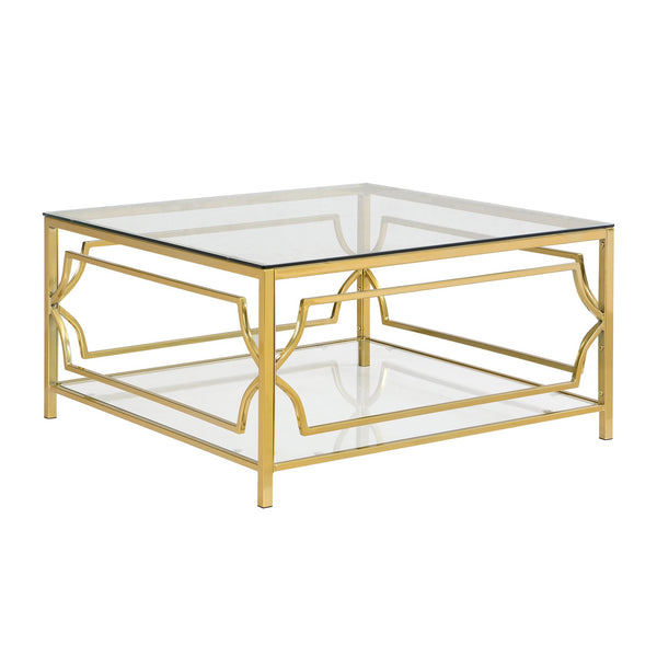 English Elm Square Glass Coffee Table 33.5" — Modern Tempered Glass Top with Gold Geometric Metal Frame & Shelf Transparent N735P326510K