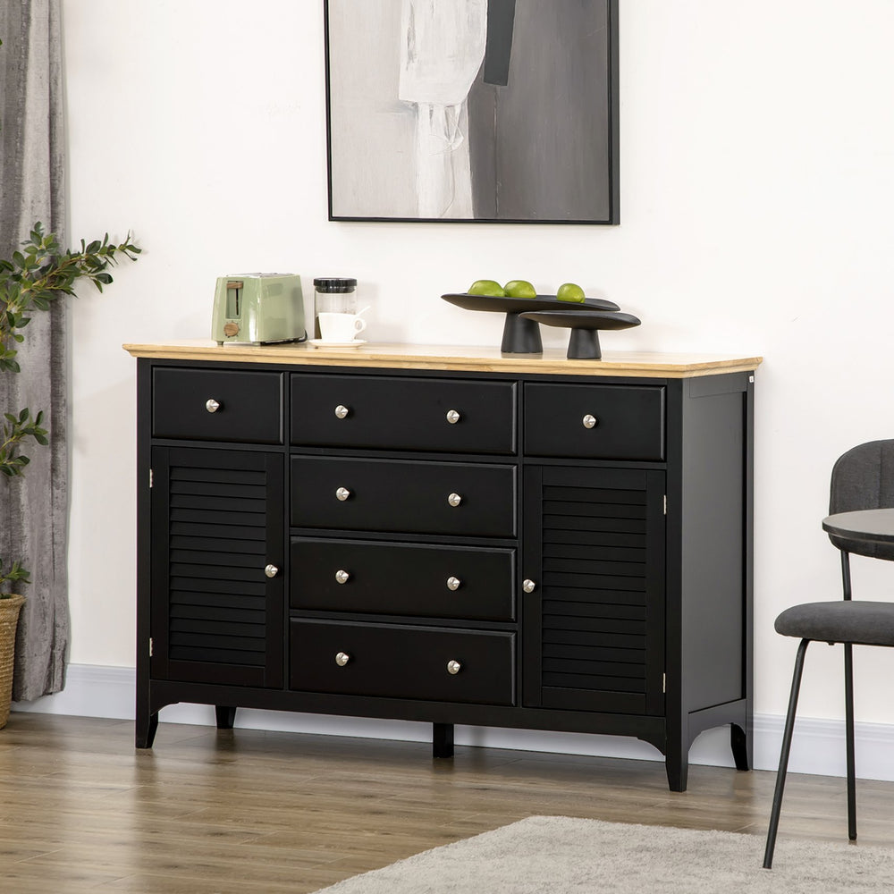 English Elm HOMCOM Modern Sideboard Buffet Cabinet with Rubber Wood Top, Adjustable Shelves, Drawers, Black W2225S00042